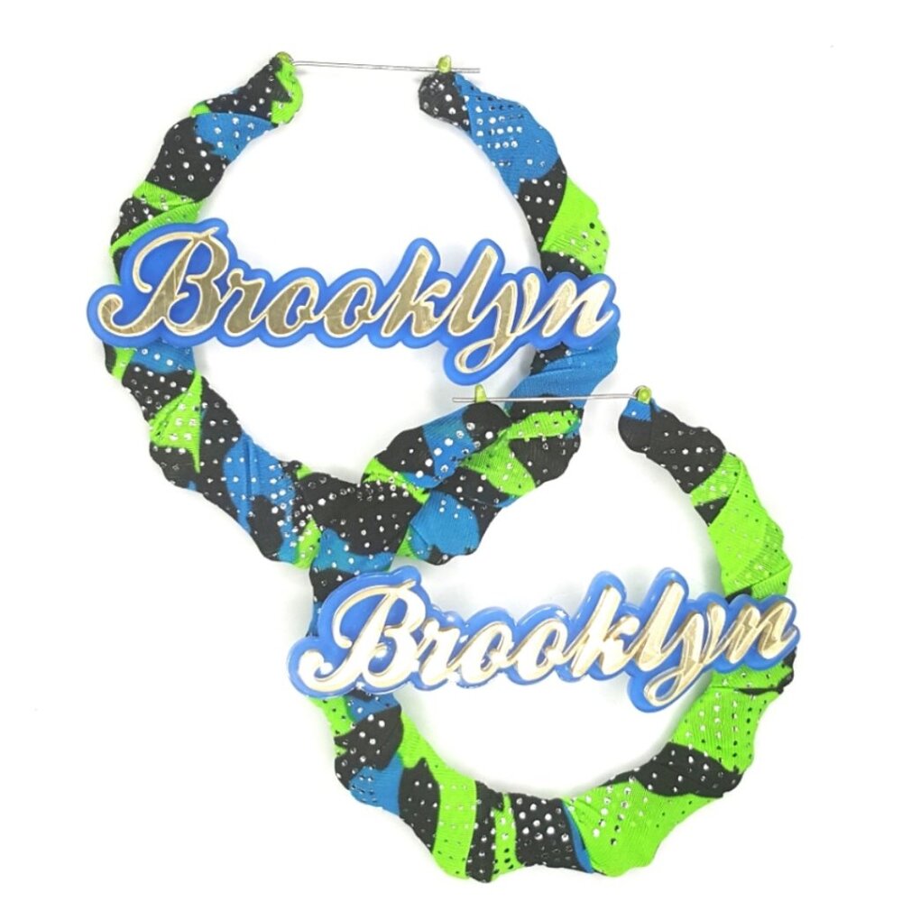 Brooklyn Bamboo Neon Green Blue Fabric Wrapped Handmade Hoop Earrings